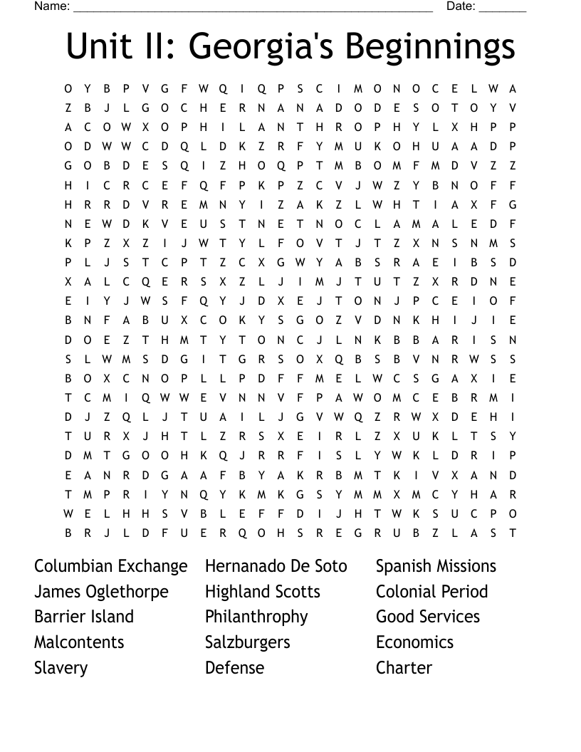 Unit II: Georgia's Beginnings  Word Search