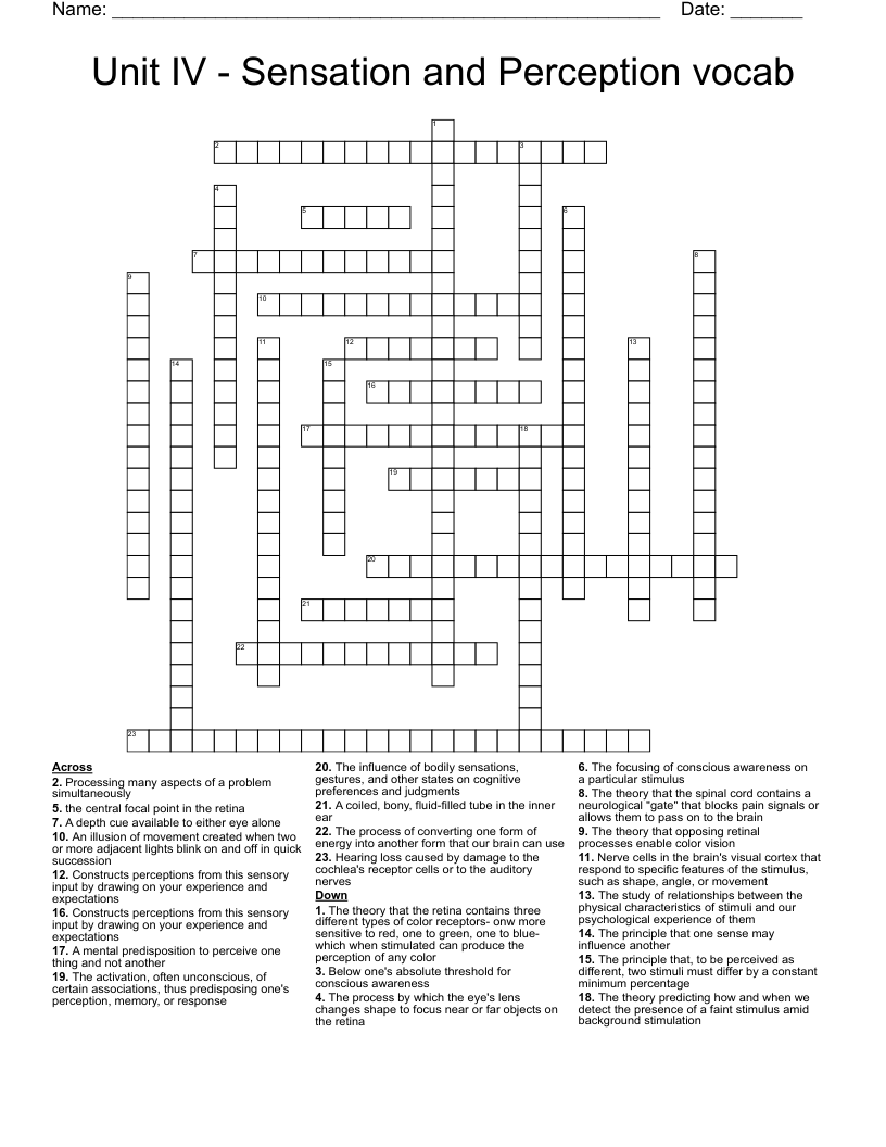 Unit IV - Sensation and Perception vocab Crossword