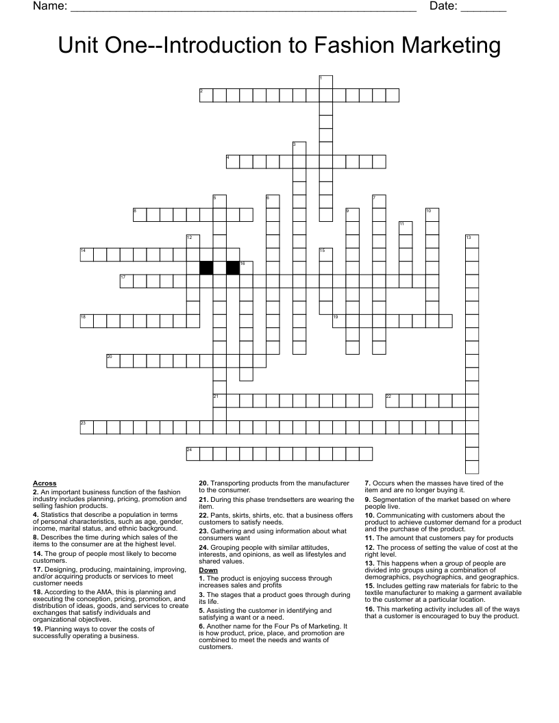 Unit One--Introduction to Fashion Marketing Crossword