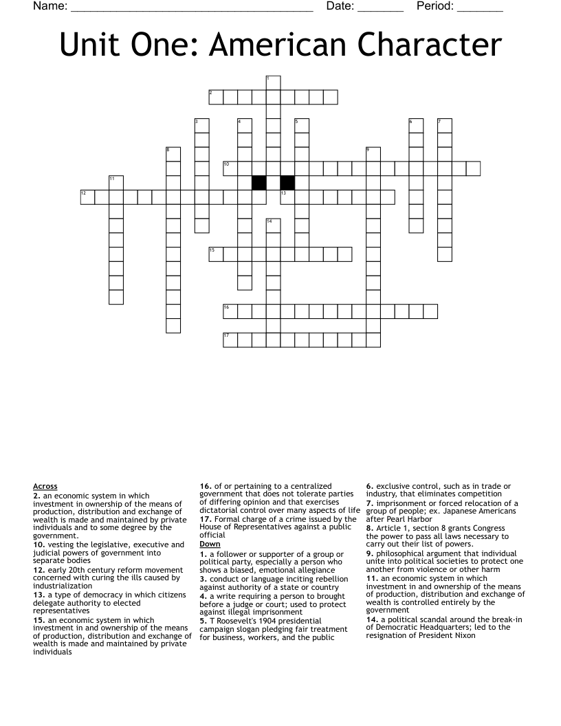 Unit One: American Character Crossword