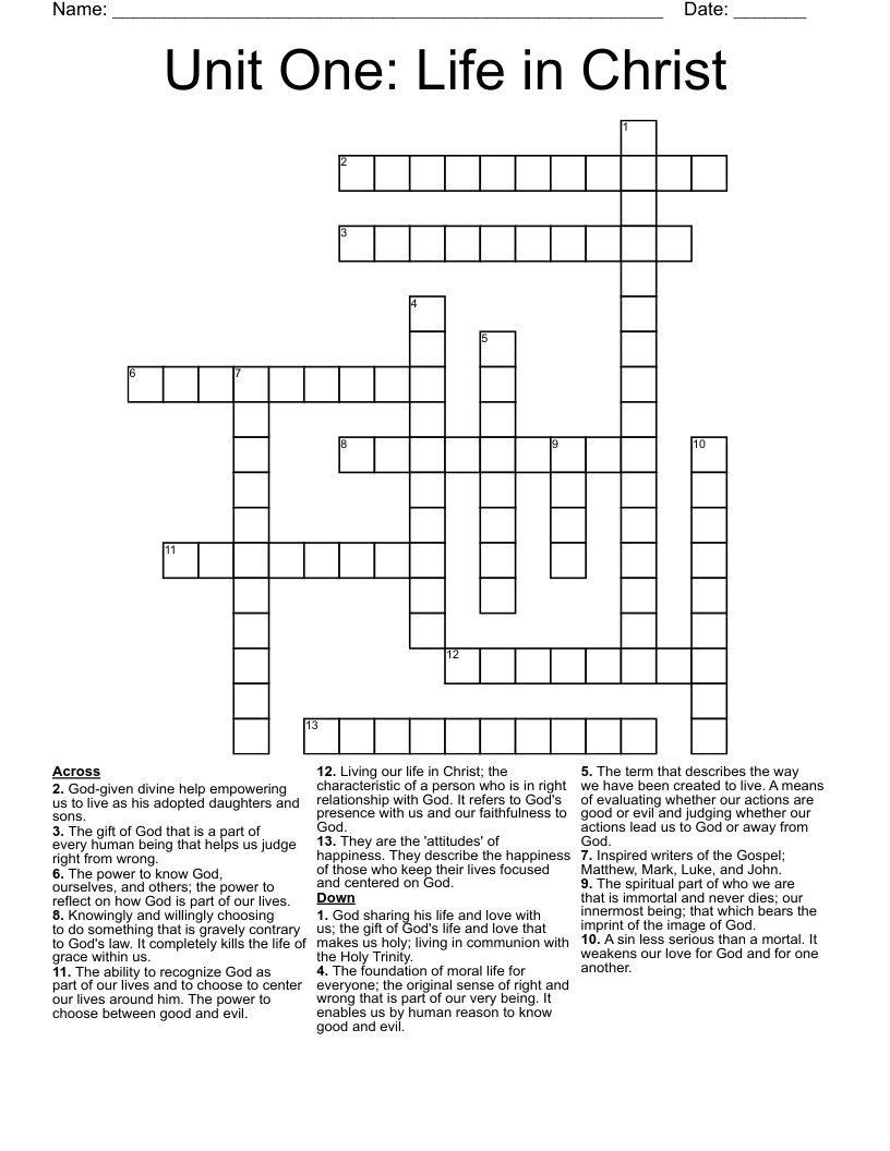 Unit One: Life in Christ Crossword