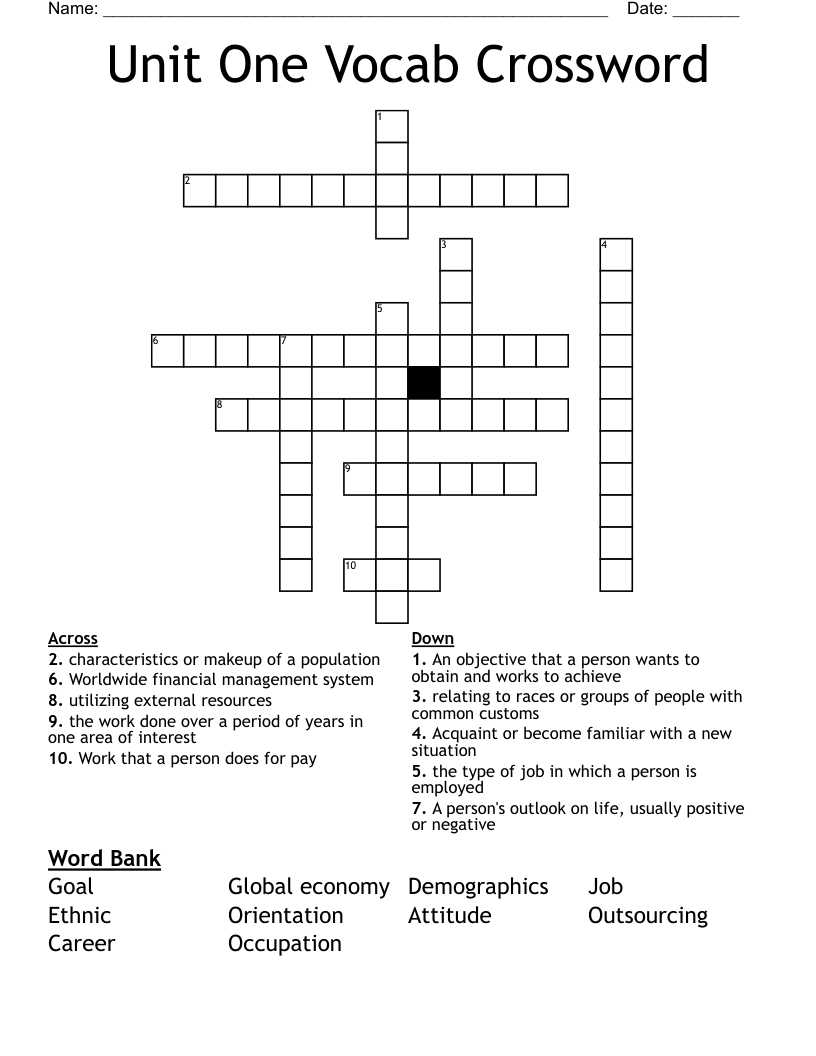 Unit One Vocab Crossword