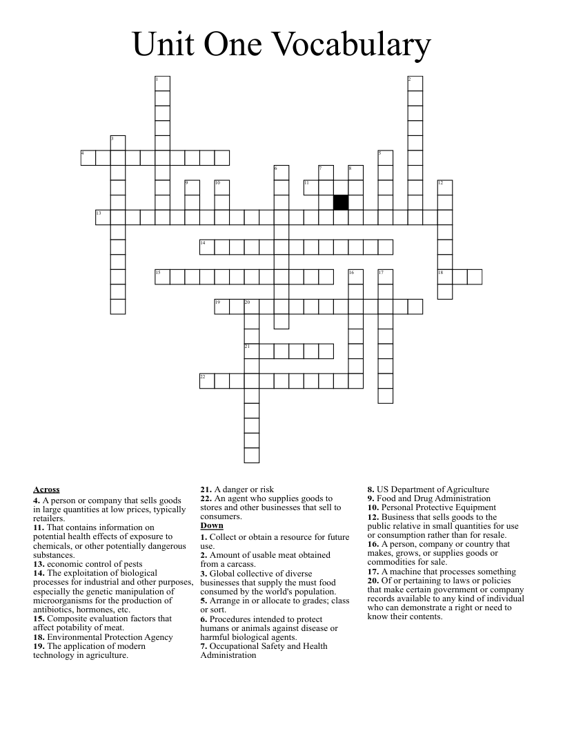 Unit One Vocabulary Crossword
