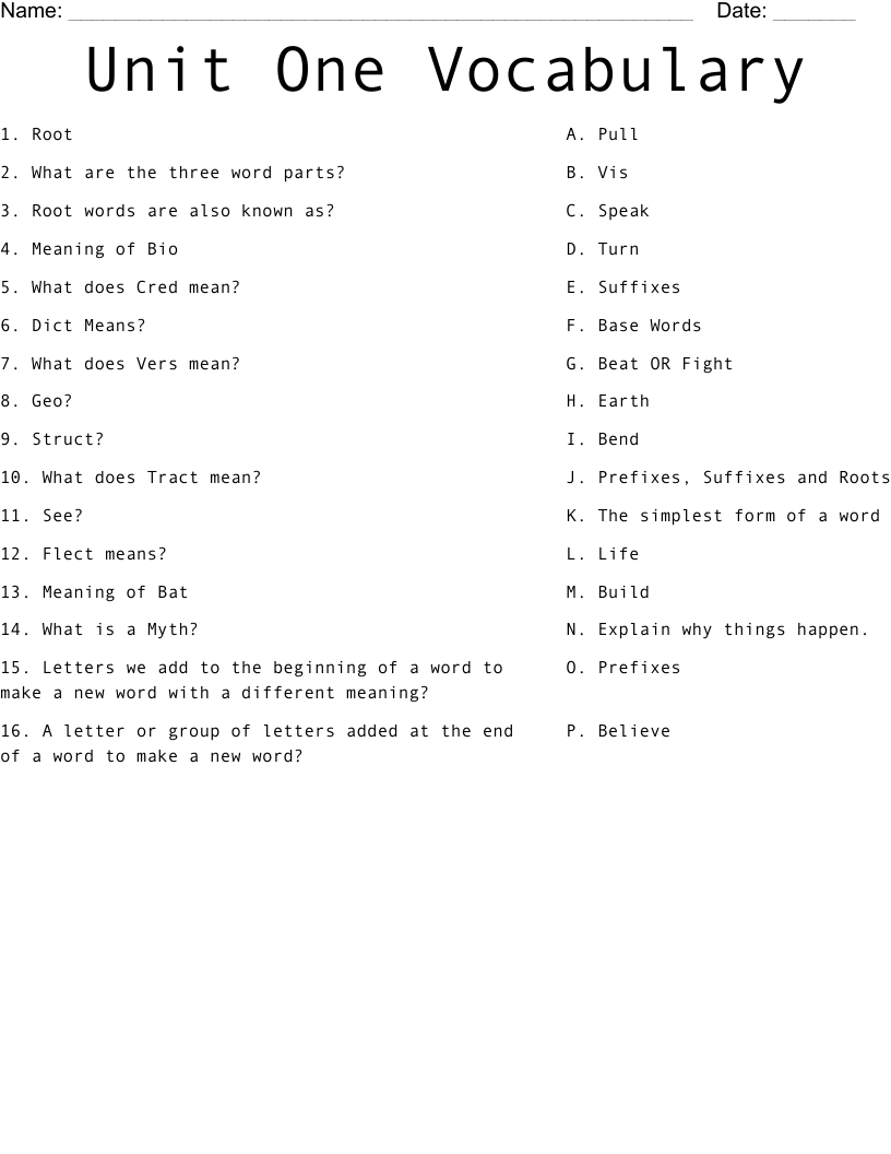 Unit One Vocabulary Worksheet