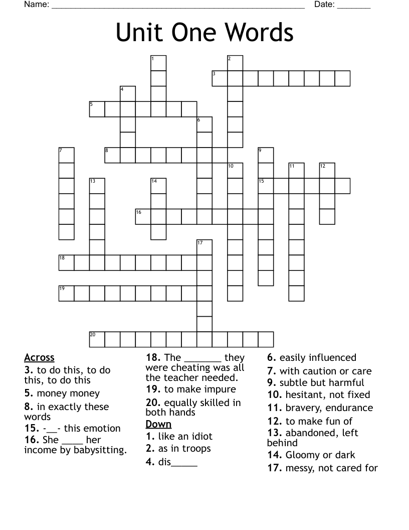 Unit One Words Crossword