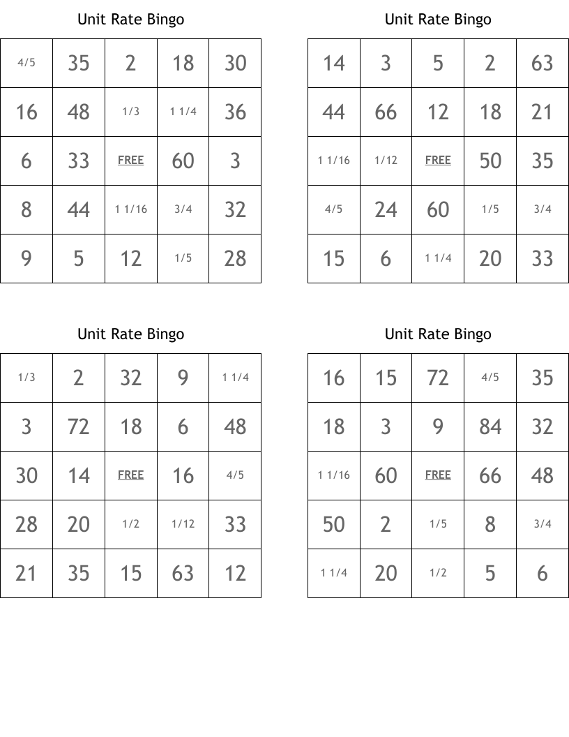 Unit Rate Bingo