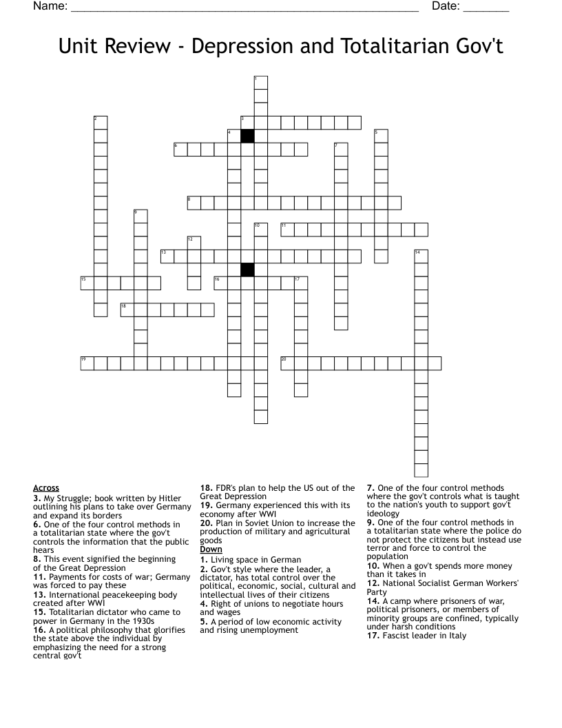 Unit Review - Depression and Totalitarian Gov't Crossword