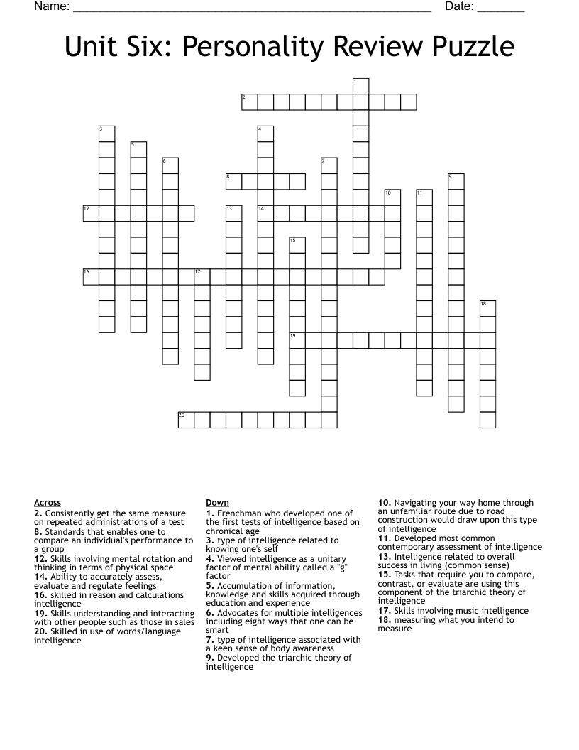 Unit Six: Personality Review Puzzle  Crossword