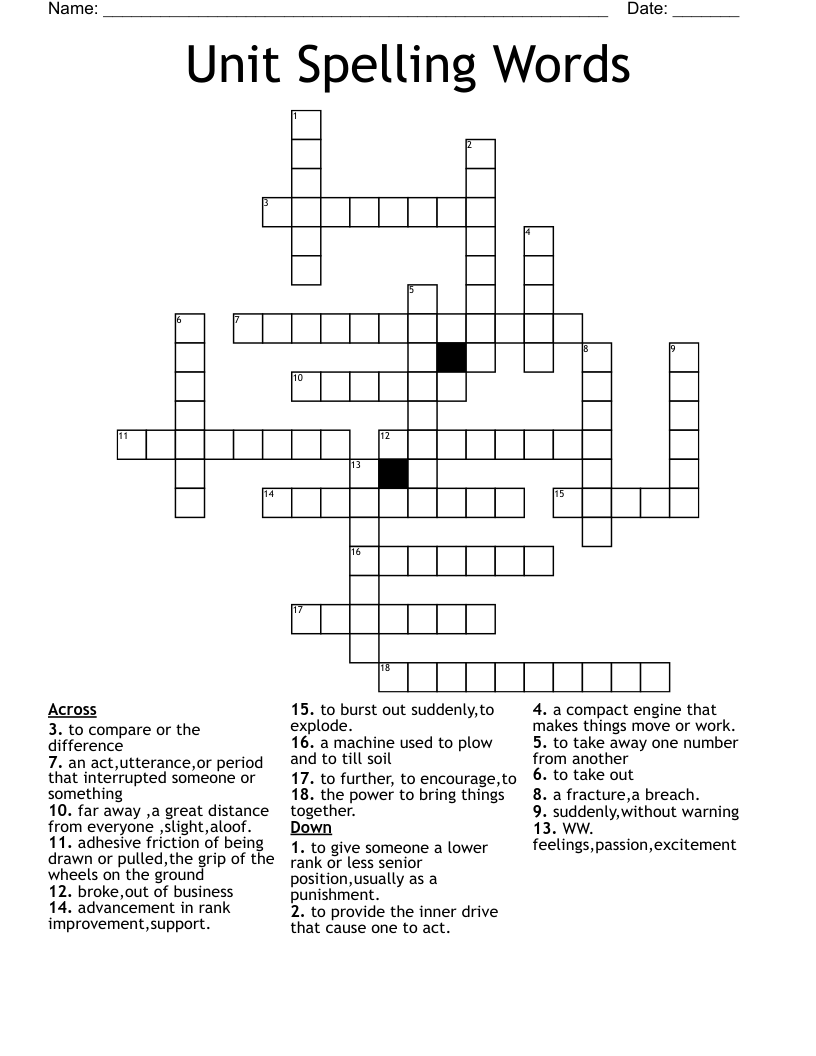 Unit Spelling Words Crossword