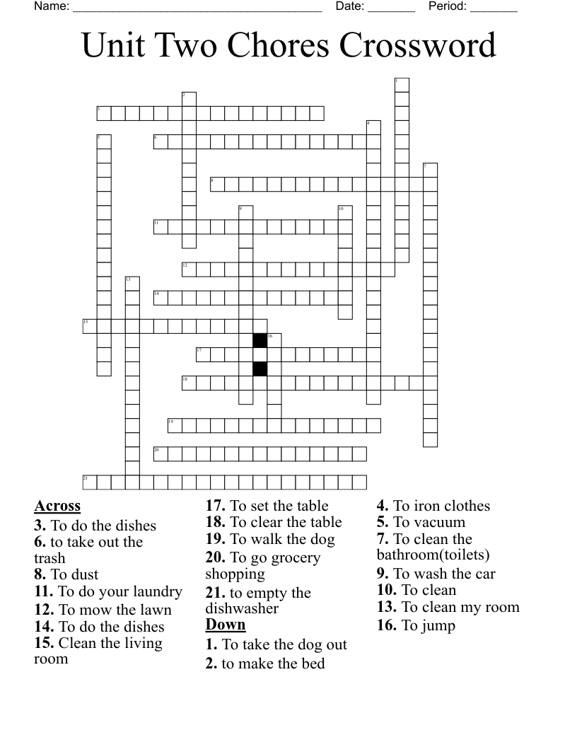 Unit Two Chores Crossword