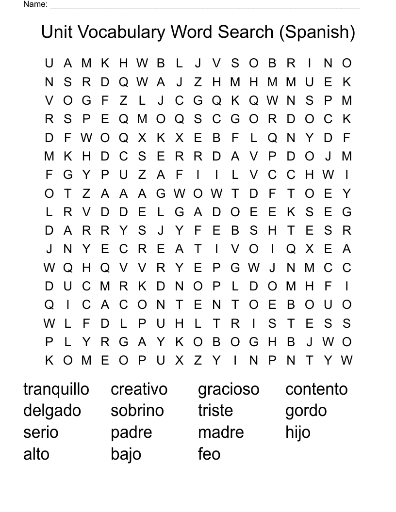 Unit Vocabulary Word Search (Spanish)