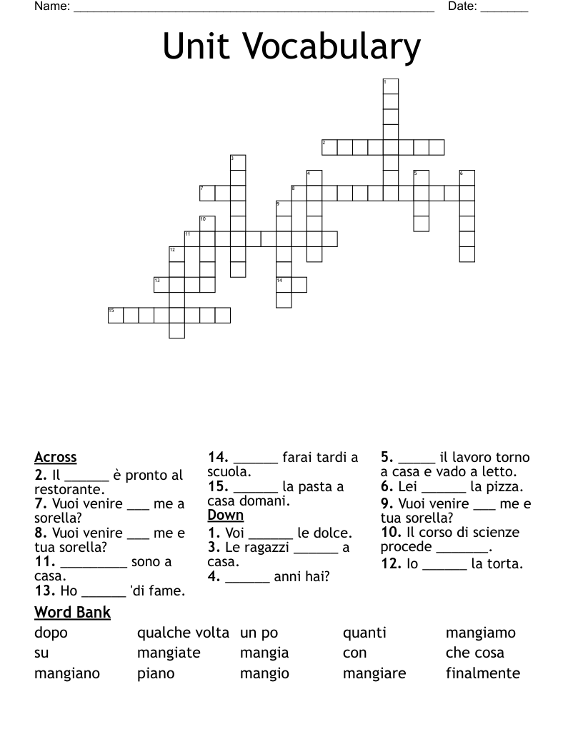Unit Vocabulary  Crossword