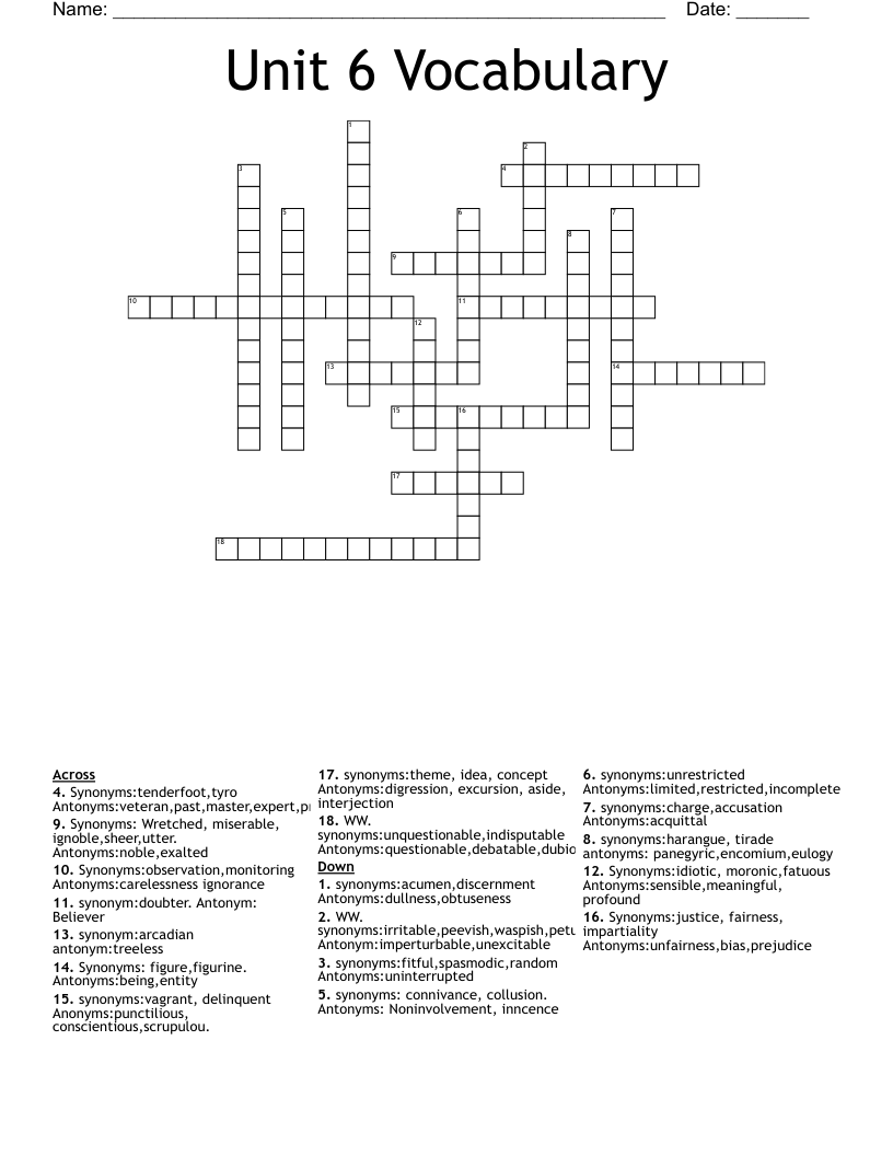 Unit  6 Vocabulary  Crossword