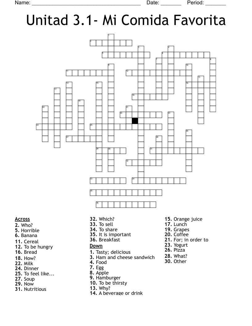 Unitad 3.1- Mi Comida Favorita Crossword