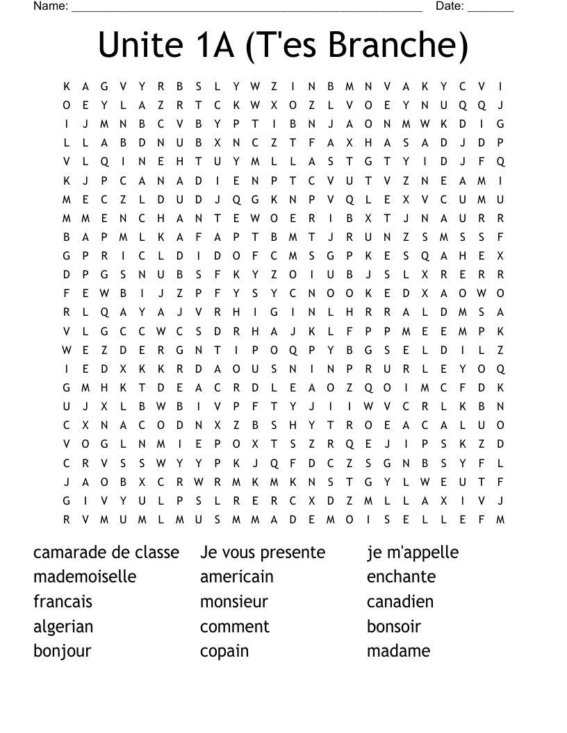 Unite 1A (T'es Branche) Word Search
