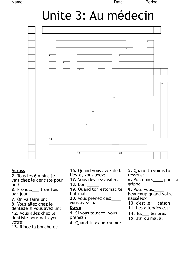 Unite 3: Au médecin Crossword