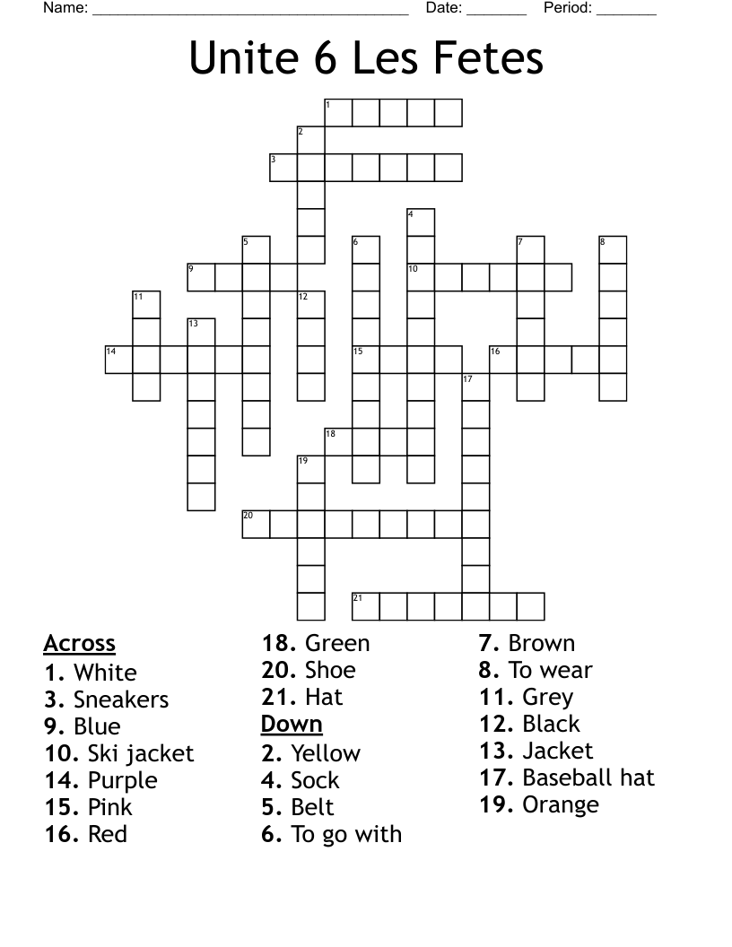 Unite 6 Les Fetes Crossword
