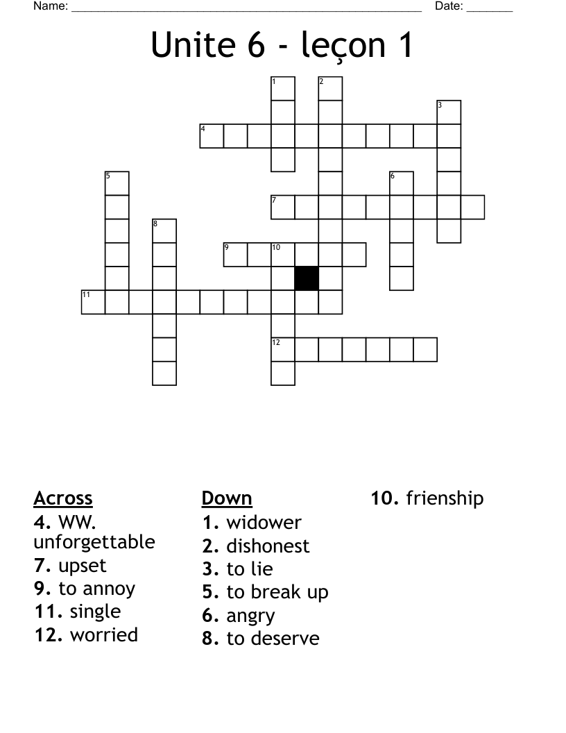 Unite 6 - leçon 1 Crossword