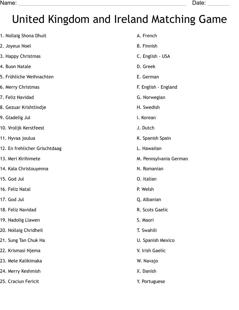 United Kingdom and Ireland Matching Game Worksheet
