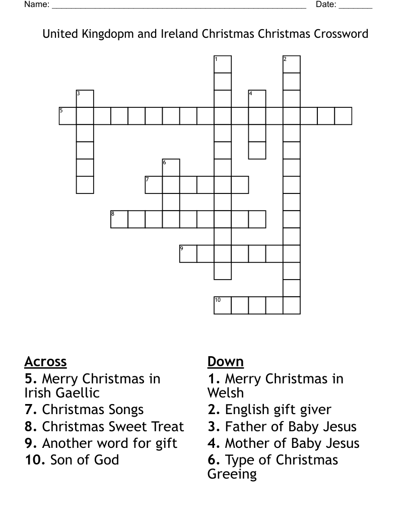 United Kingdopm and Ireland Christmas Christmas Crossword