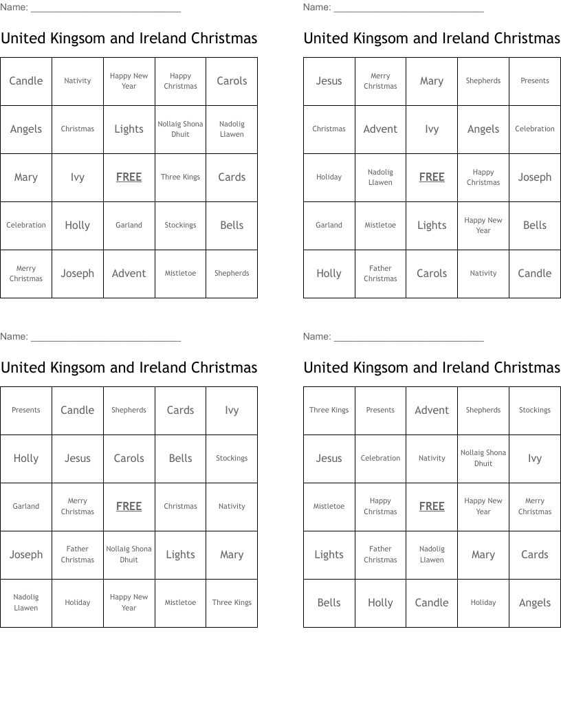 United Kingsom and Ireland Christmas Bingo Cards