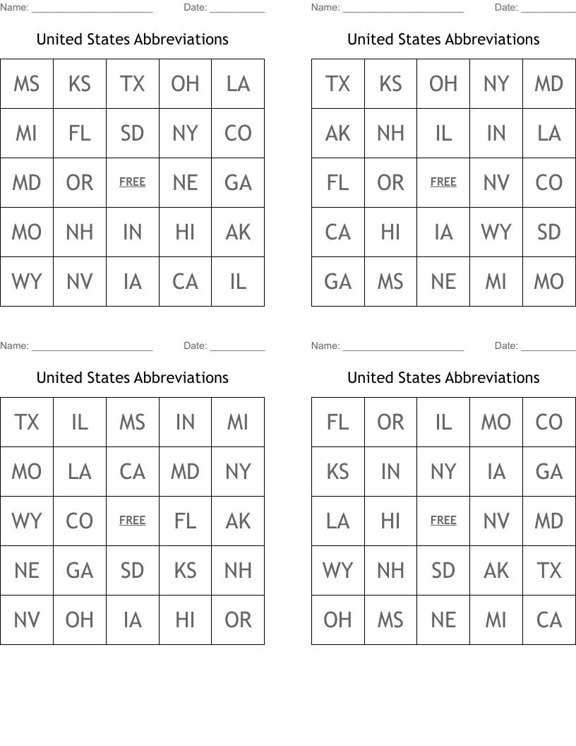United States Abbreviations Bingo Cards
