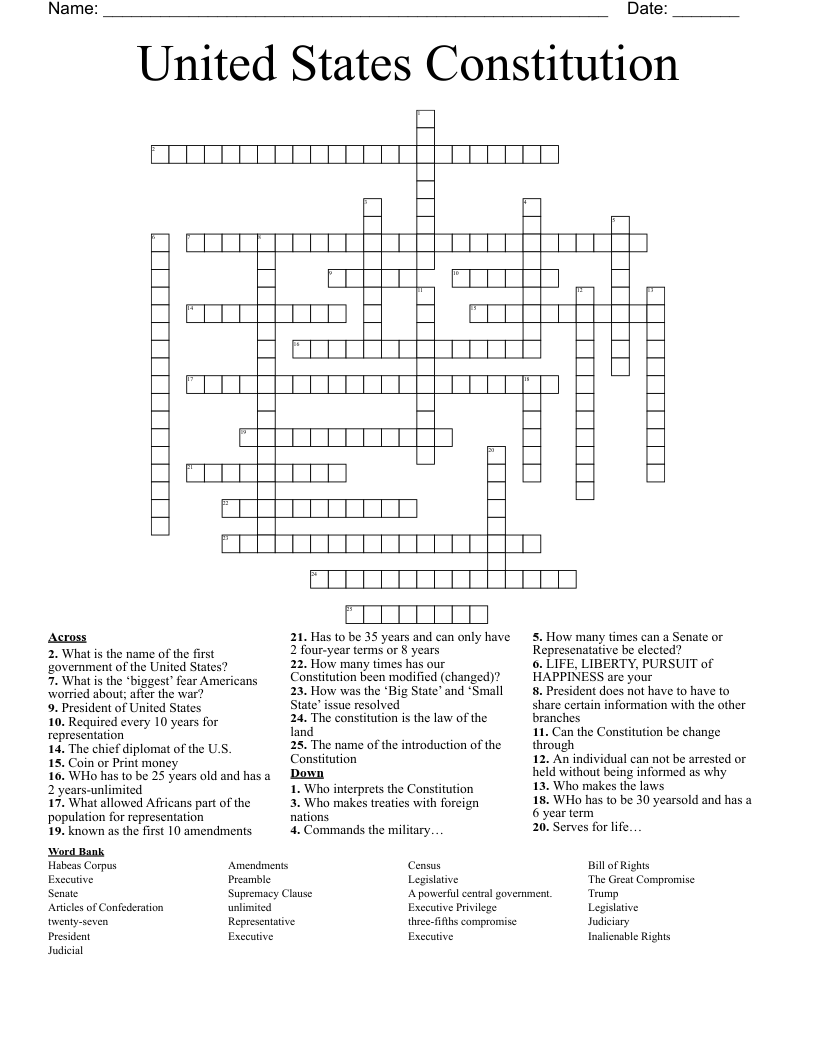 United States Constitution Crossword
