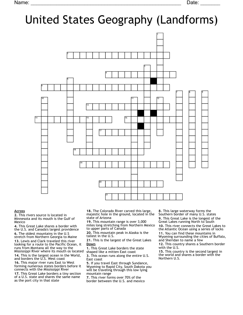 United States Geography (Landforms) Crossword