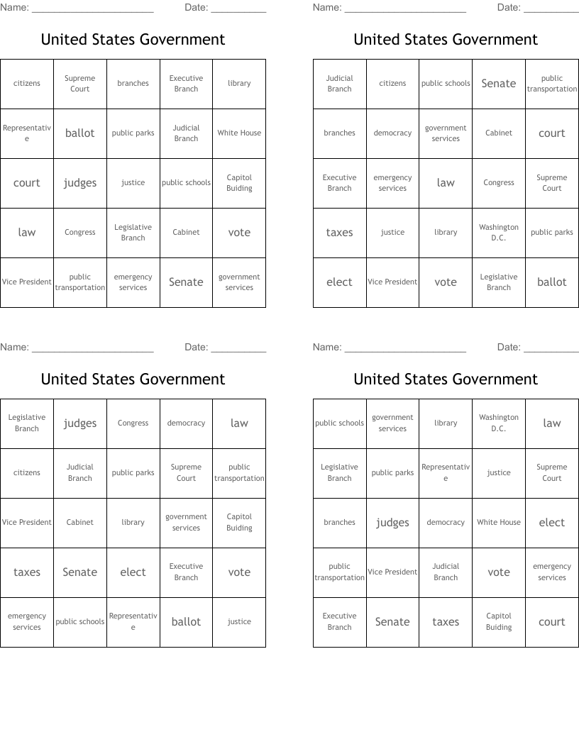 United States Government Bingo Cards
