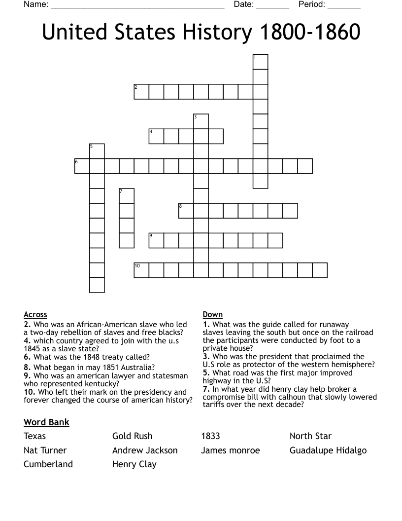 United States History 1800-1860 Crossword