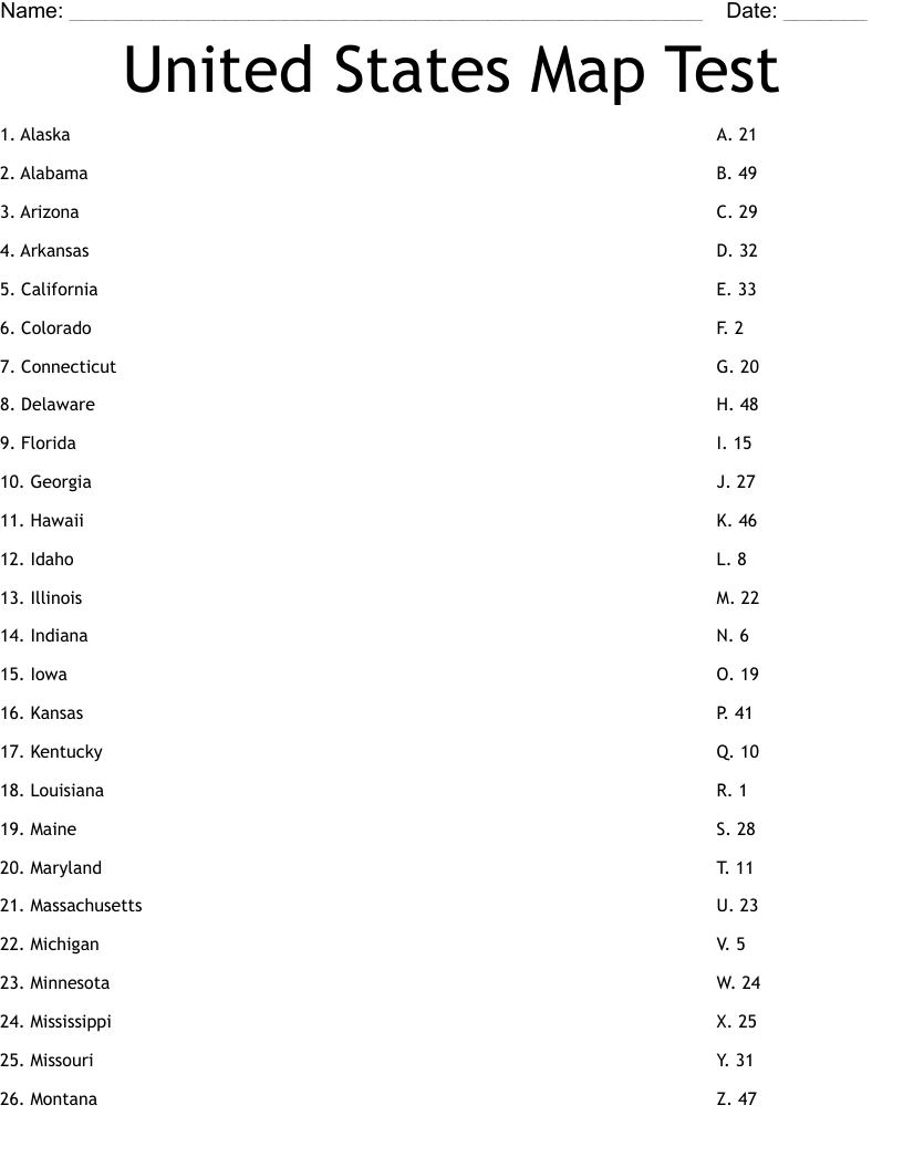 United States Map Test Worksheet
