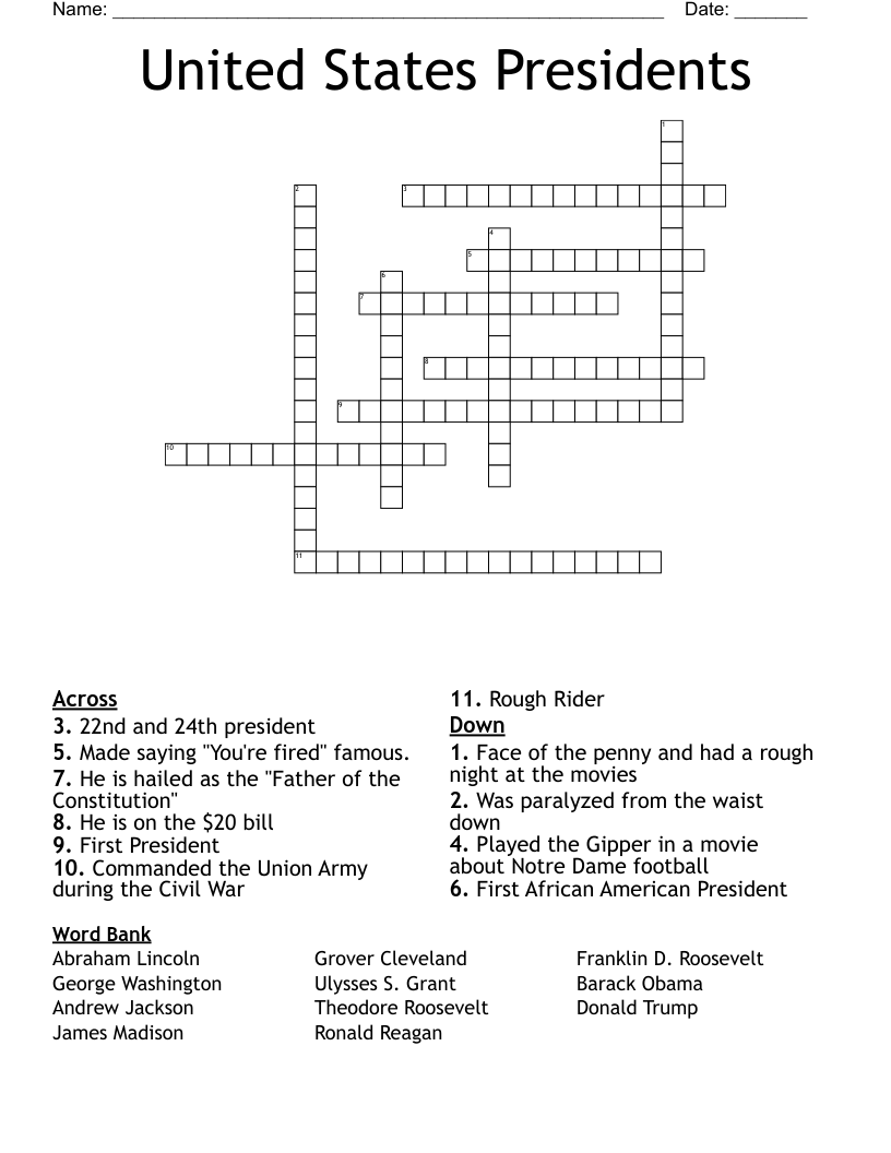 United States Presidents Crossword