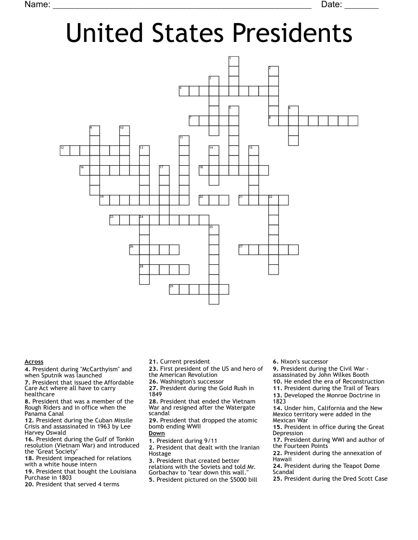 United States Presidents Crossword