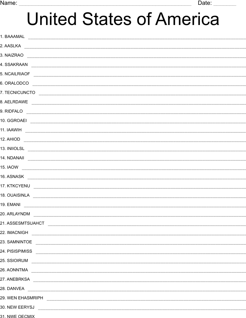 United States of America Word Scramble