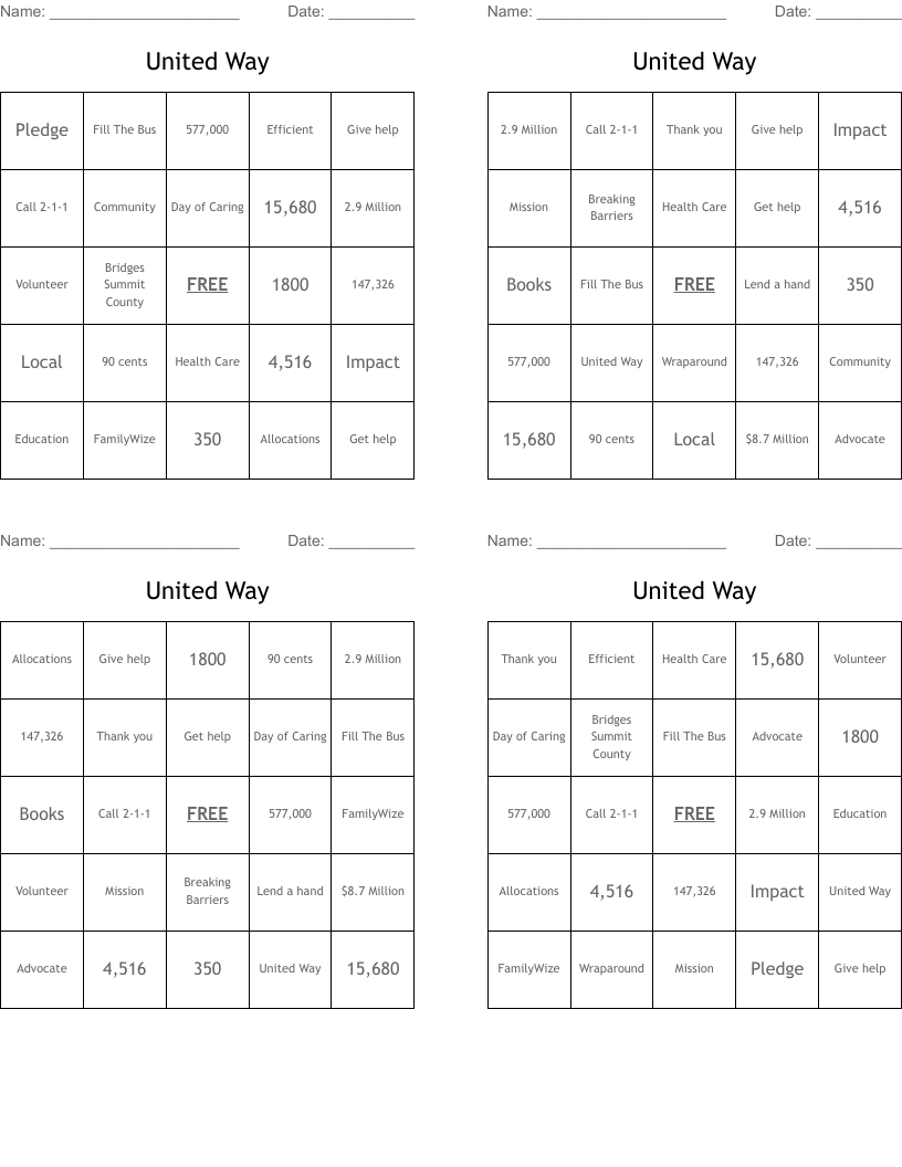 United Way Bingo Cards