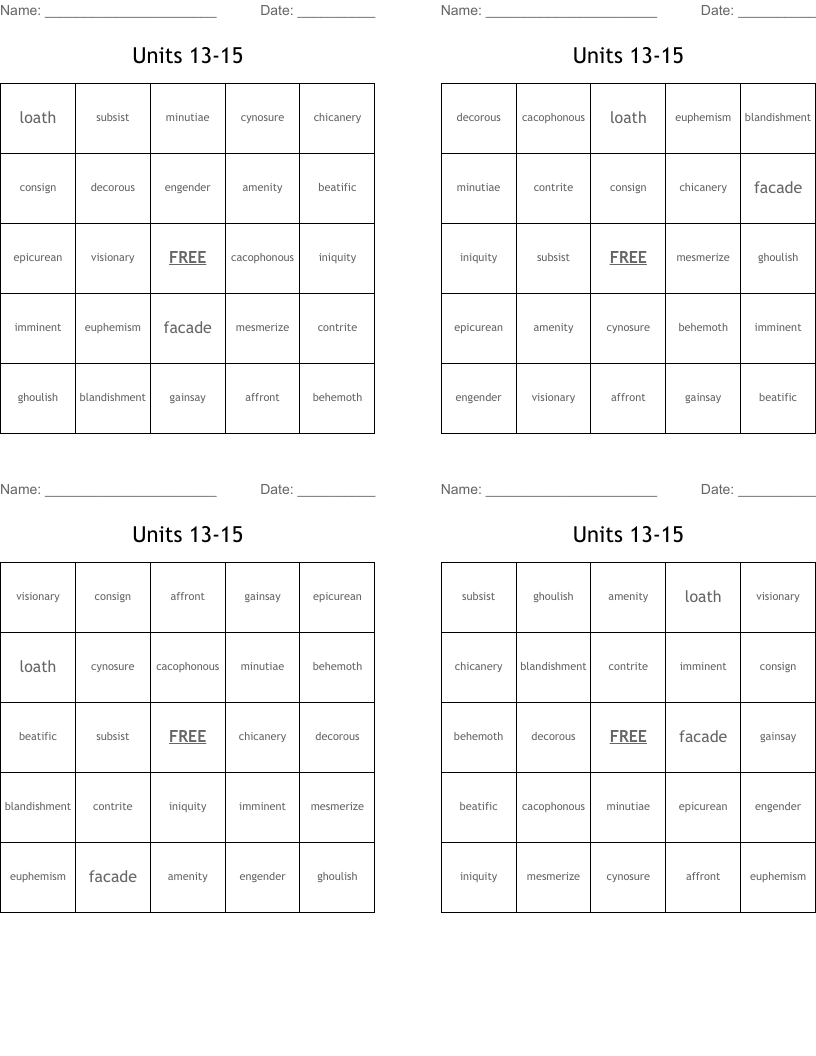 Units 13-15 Bingo Cards