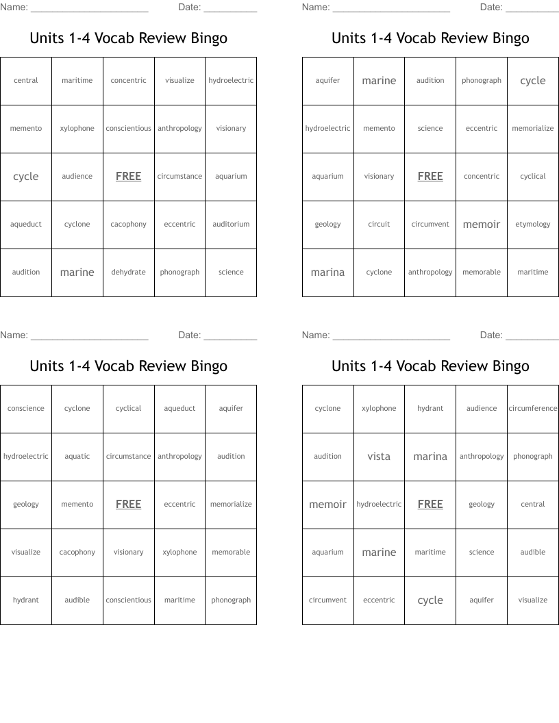 Units 1-4 Vocab Review Bingo