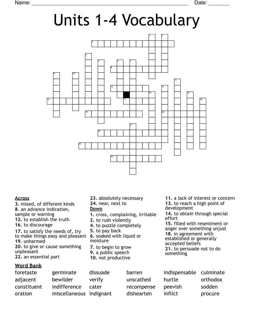 Units 1-4 Vocabulary Crossword