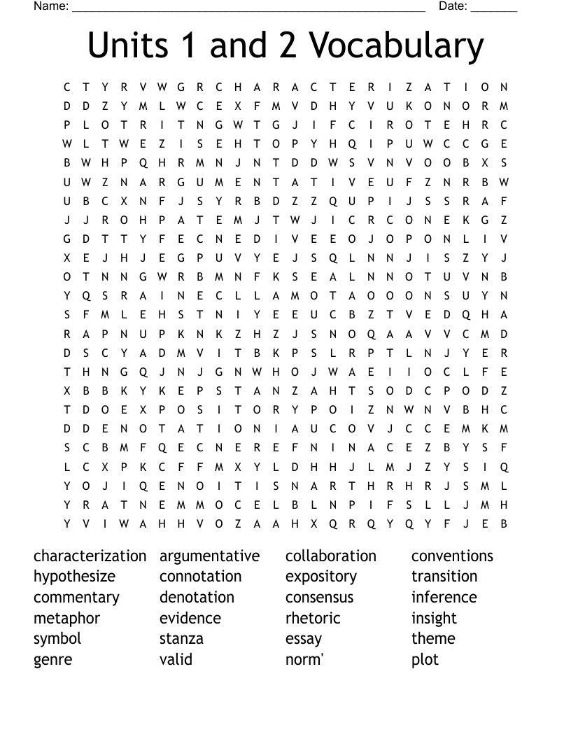 Units 1 and 2 Vocabulary Word Search