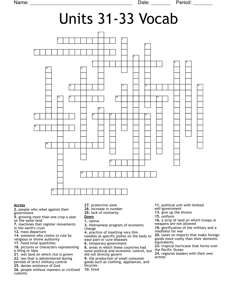 Units 31-33 Vocab Crossword