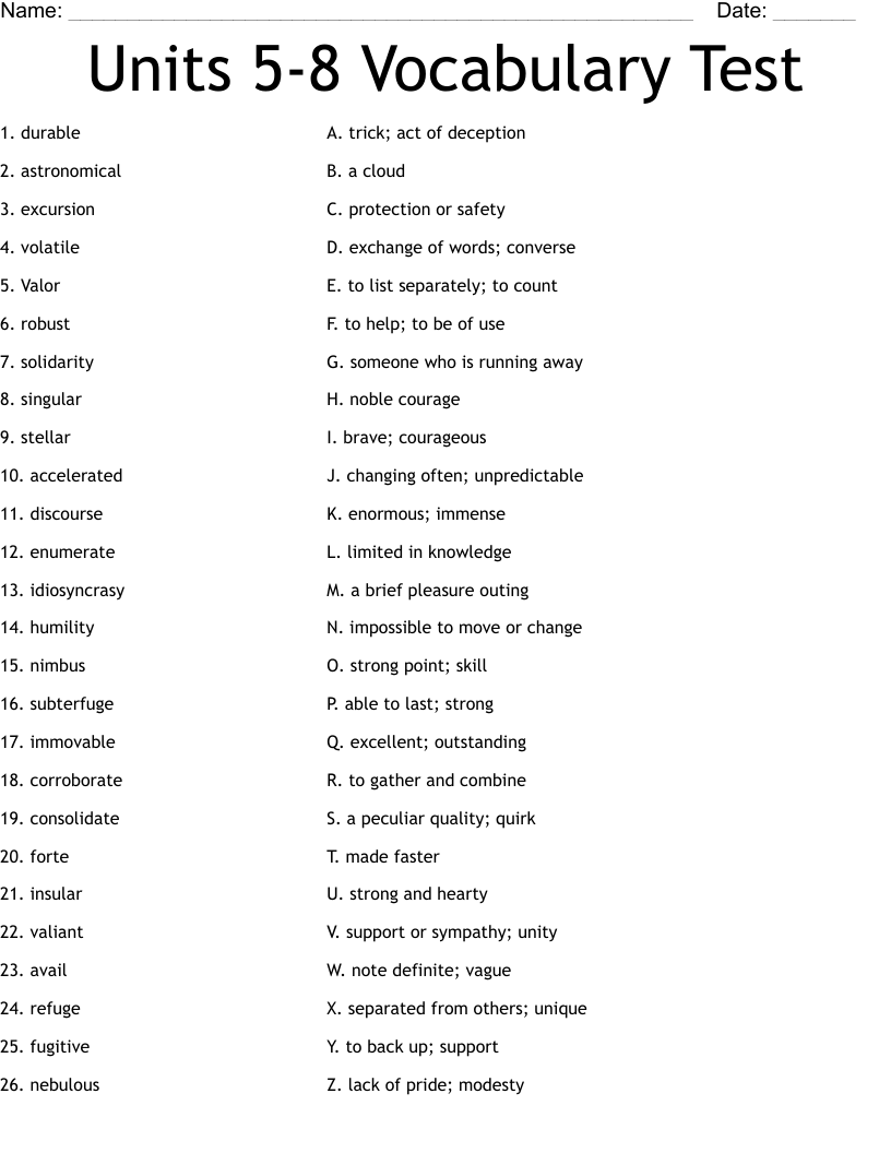 Units 5-8 Vocabulary Test Worksheet