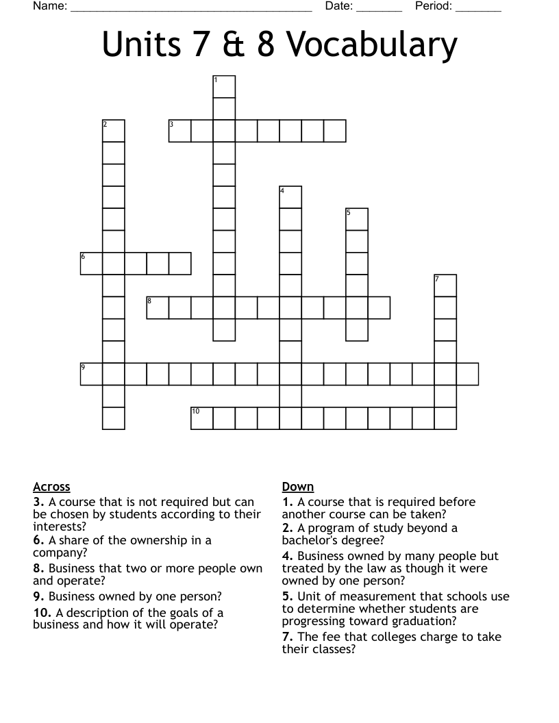 Units 7 & 8 Vocabulary  Crossword