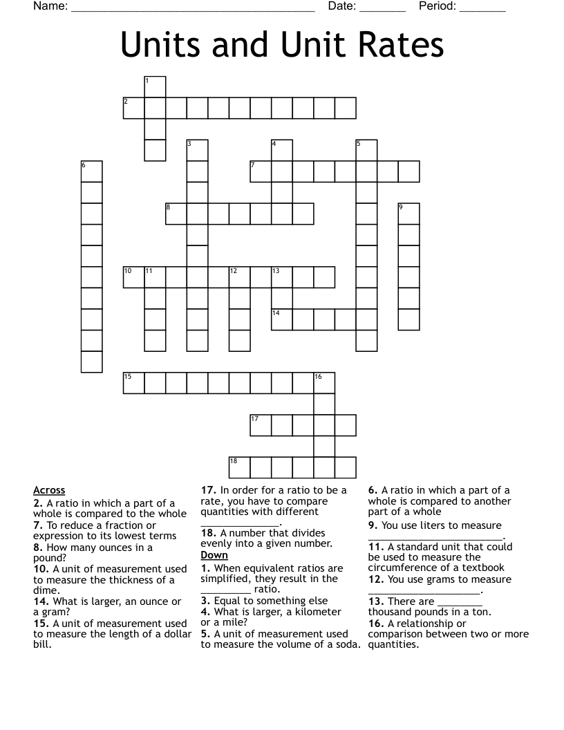 Units and Unit Rates Crossword