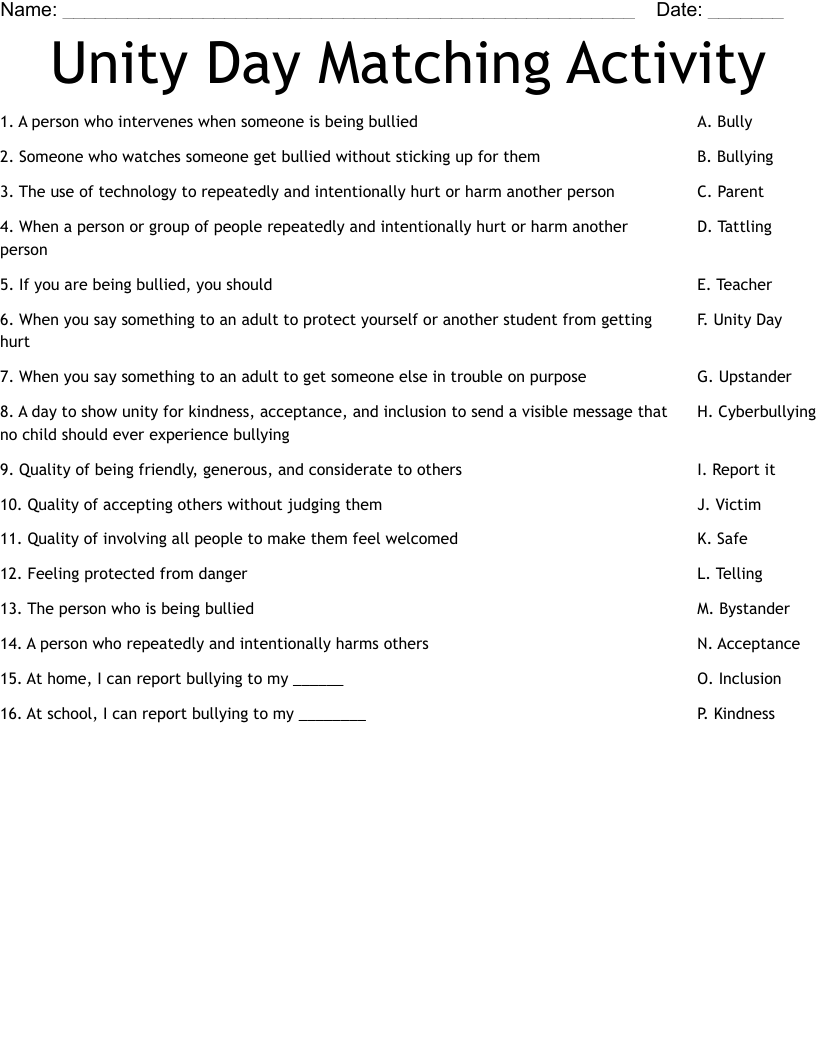 Unity Day Matching Activity Worksheet
