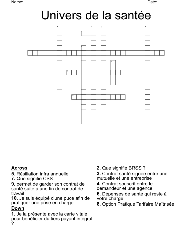 Univers de la santée Crossword