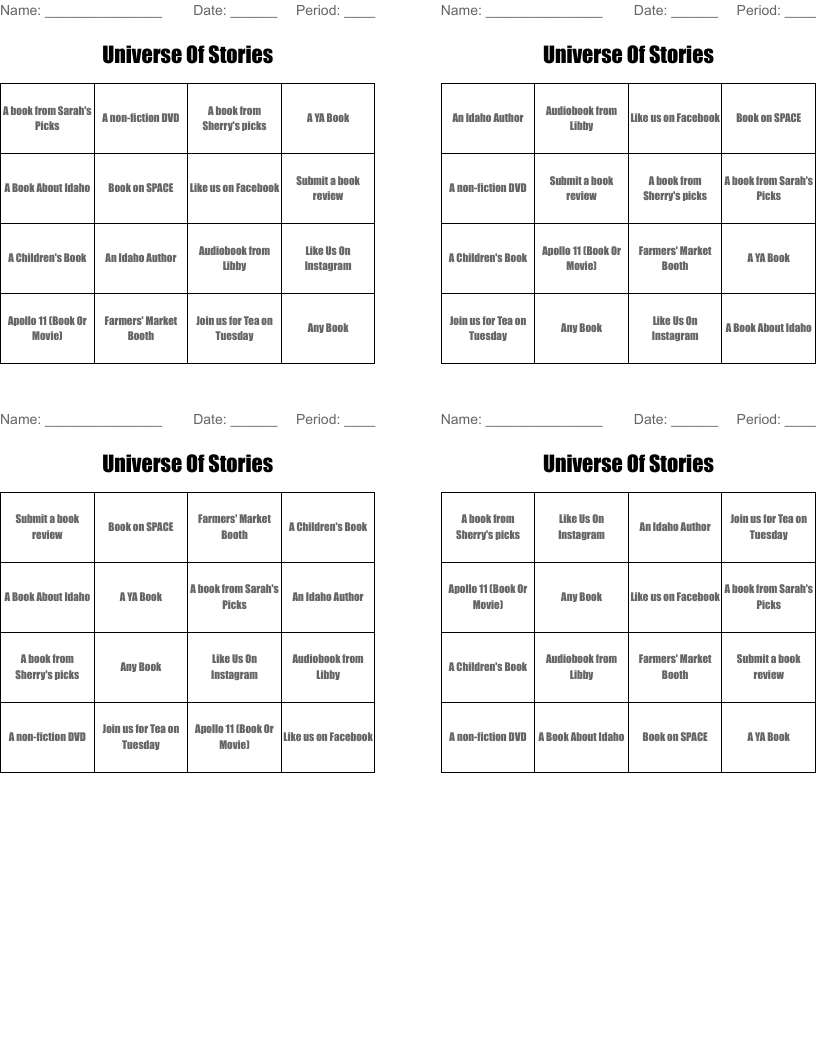 Universe Of Stories Bingo Cards