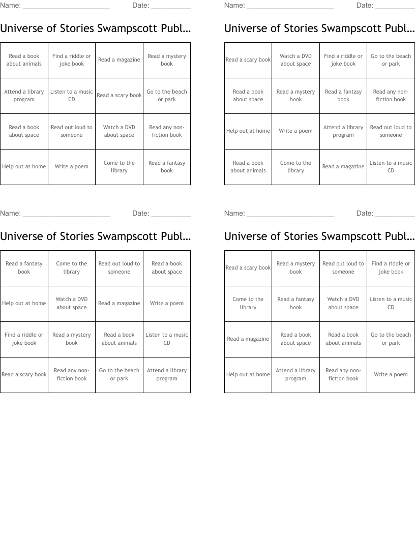 Universe of Stories Swampscott Public Library Bingo Cards