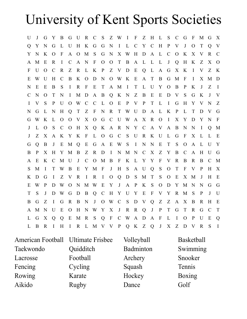 University of Kent Sports Societies Word Search