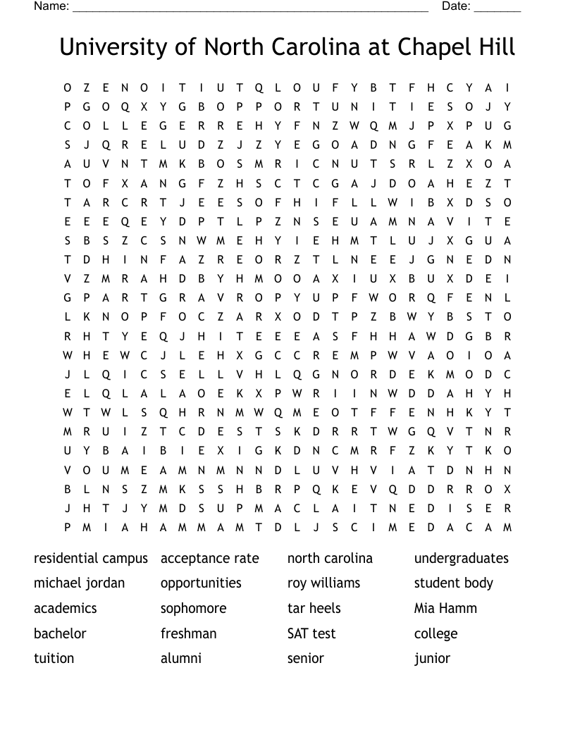 University of North Carolina at Chapel Hill Word Search