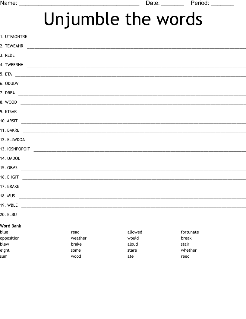 Unjumble the words Word Scramble